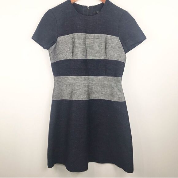 BCBGMAXAZRIA Navy Gray Colorblock Striped A Line Dress - Picture 2 of 13